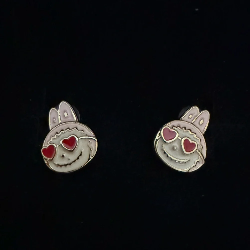 14K Gold Labubu Pink w Heart Sunnies Theme Enamel Stud Earrings Kawaii Boutique - Picture 7 of 7